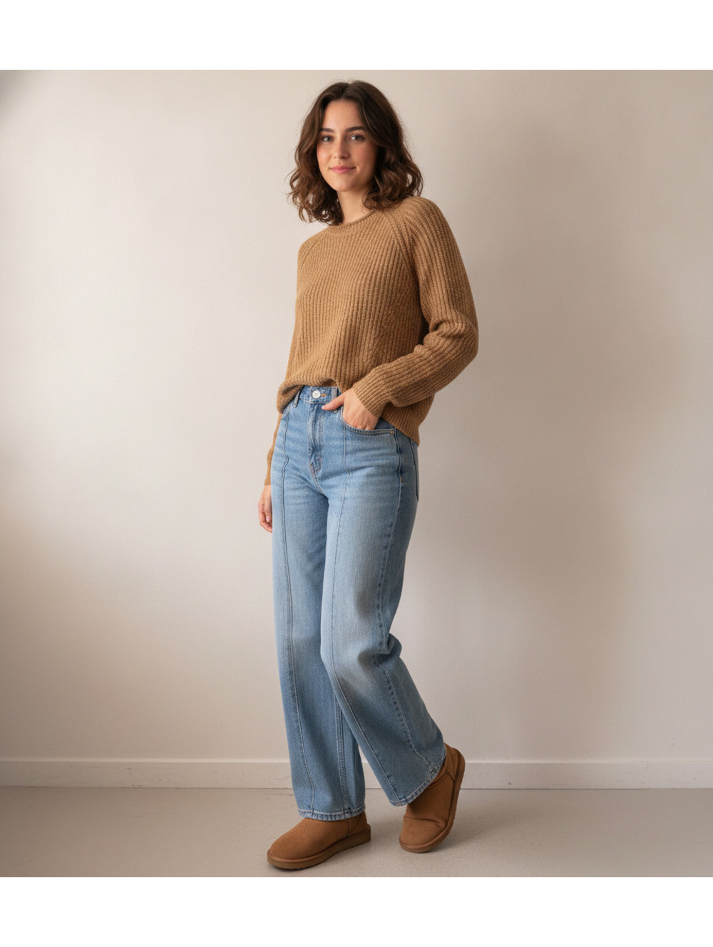 Pepin Camel Brown Ribbed Knit Sweater with Back Zip - Size L